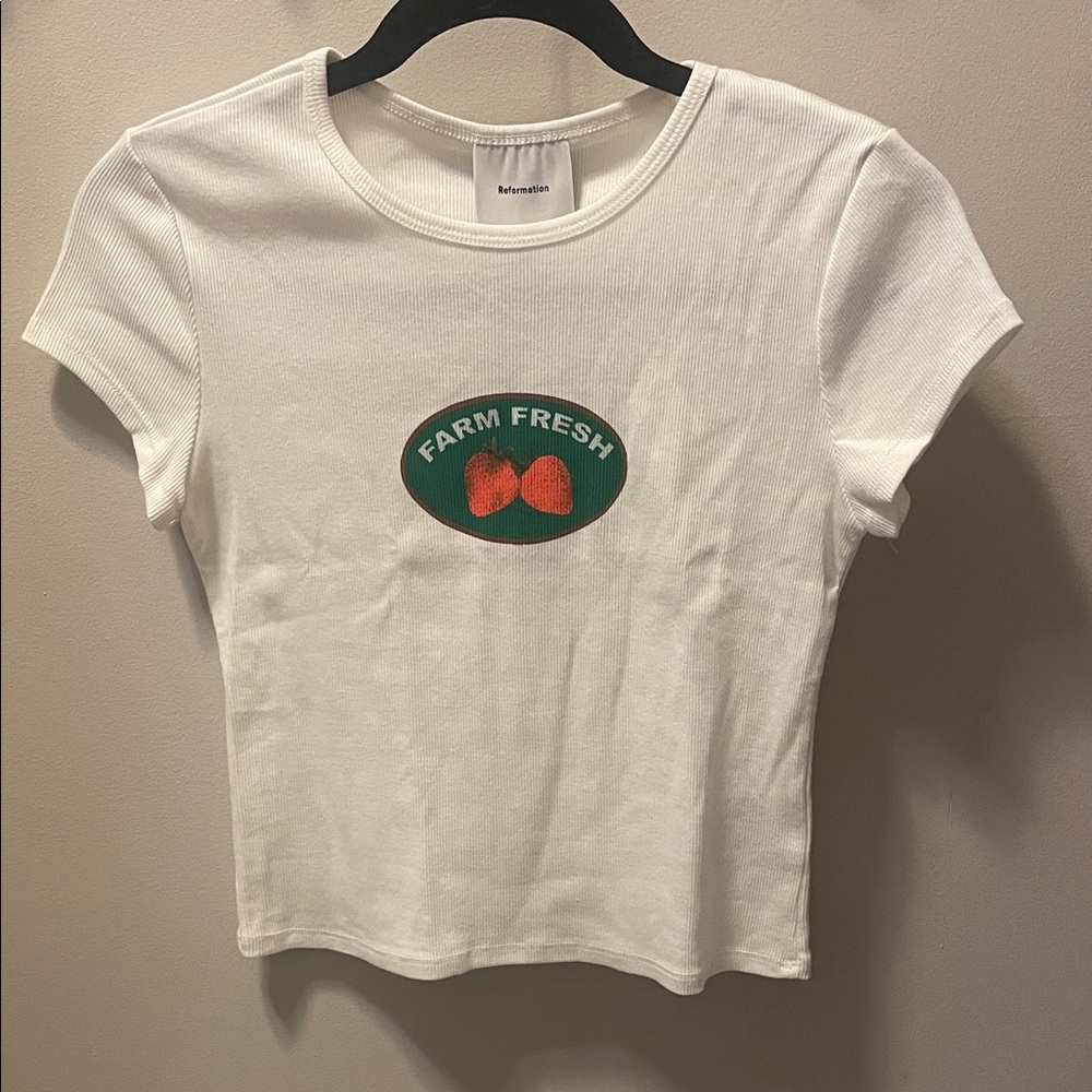 Reformation White Tee with strawberry and  'Farm Fresh' Graphic